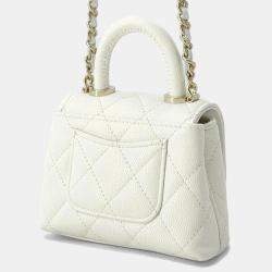 Chanel White Caviar Quilted Micro Coco Handle Clutch With Chain