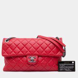Pre Owned Chanel Red Large Quilted Shiny Lambskin Burgundy Rocks Flap
