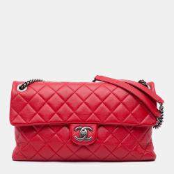 Pre Owned Chanel Red Large Quilted Shiny Lambskin Burgundy Rocks Flap