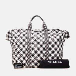 Pre Owned Chanel Black/White Printed Canvas Gingham Weekender Tote