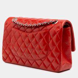 Pre Owned Chanel Red Medium Classic Lambskin Double Flap