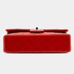 Pre Owned Chanel Red Medium Classic Lambskin Double Flap