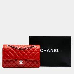 Pre Owned Chanel Red Medium Classic Lambskin Double Flap