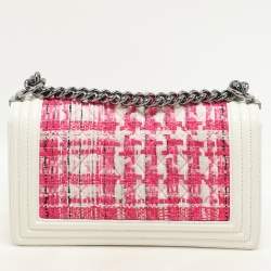 Chanel White/Pink Patent and Tweed Medium Boy Flap Bag
