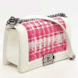 Chanel White/Pink Patent and Tweed Medium Boy Flap Bag