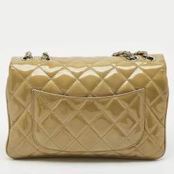 Pre Owned Chanel Beige Quilted Patent Leather 3 Compartment Classic Flap Bag