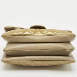 Pre Owned Chanel Beige Quilted Patent Leather 3 Compartment Classic Flap Bag