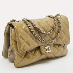 Pre Owned Chanel Beige Quilted Patent Leather 3 Compartment Classic Flap Bag