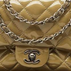 Pre Owned Chanel Beige Quilted Patent Leather 3 Compartment Classic Flap Bag