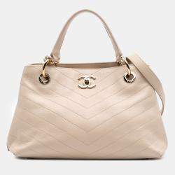 Chanel Brown Large CC Chevron Calfskin Stitched Shopping Tote