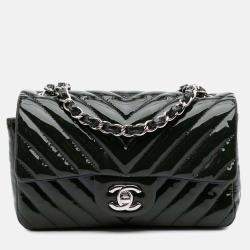 Pre Owned Chanel Navy Blue Mini Rectangular Classic Chevron Patent Single Flap