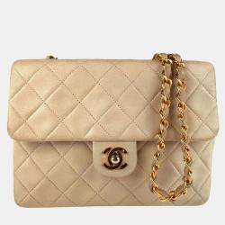 Pre Owned Chanel Beige Lambskin Shoulder Bag 