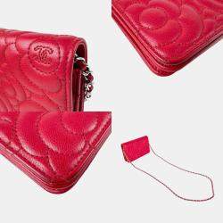 Chanel Red Leather Camellia Chain Wallet