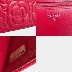 Chanel Red Leather Camellia Chain Wallet