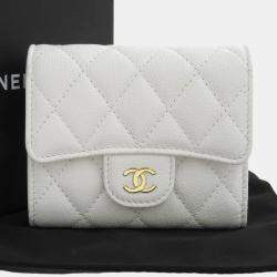 Chanel White Matelasse Caviar Skin Small Coco Mark Tri-Fold Wallet
