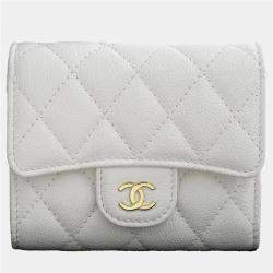 Chanel White Matelasse Caviar Skin Small Coco Mark Tri-Fold Wallet