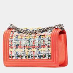 Pre Owned Chanel Orange Medium Tweed and Lambskin Boy Flap