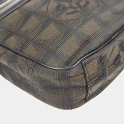 Pre Owned Chanel Brown Jacquard Nylon Travel Line Shoulder Bag