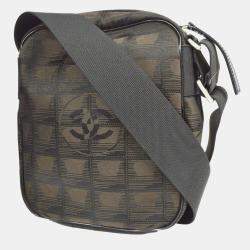Pre Owned Chanel Brown Jacquard Nylon Travel Line Shoulder Bag