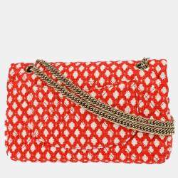 Pre Owned Chanel Red Cotton Medium Classic Double Flap Shoulder Bag