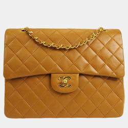 Pre Owned Chanel Brown Lambskin Medium Classic Double Flap Shoulder Bag