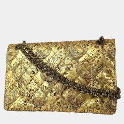 Pre Owned Chanel Gold Lambskin Paris-Moscow Classic Double Flap Shoulder Bag
