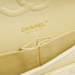 Pre Owned Chanel Beige Calfskin Medium Classic Double Flap Shoulder Bag