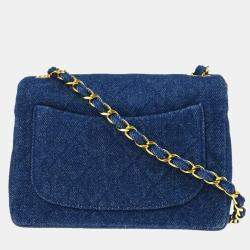 Pre Owned حقيبة شانيل كلاسيك دينم أزرق صغيرة مربعة بقلاب كتف