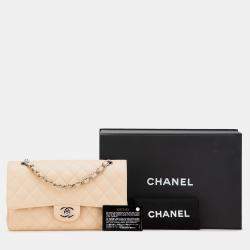 Pre Owned Chanel Beige Medium Classic Caviar Double Flap