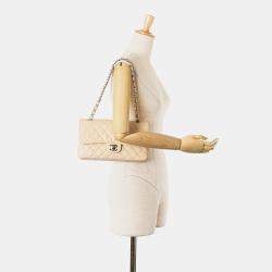 Pre Owned Chanel Beige Medium Classic Caviar Double Flap