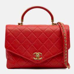Chanel Red Quilted Calfskin Metal Top Handle Envelope Flap