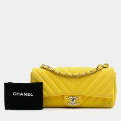 Pre Owned Chanel Yellow Chevron Jersey East West Flap