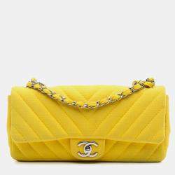Pre Owned Chanel Yellow Chevron Jersey East West Flap