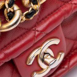 Pre Owned Chanel Red Small Quilted Lambskin Chain Link Flap