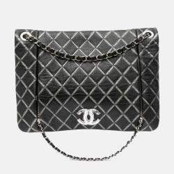 Pre Owned Chanel Black Quilted Metallic Distressed Lambskin CC Crystal Flap