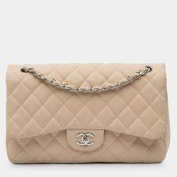 Pre Owned Chanel Beige Jumbo Classic Caviar Double Flap