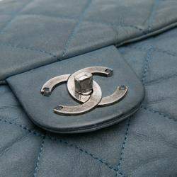 Pre Owned Chanel Blue Jumbo Iridescent Calfskin In The Mix Flap