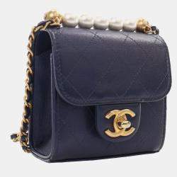Chanel Navy Blue Mini Goatskin Chic Pearls Clutch On Chain