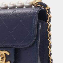 Chanel Navy Blue Mini Goatskin Chic Pearls Clutch On Chain