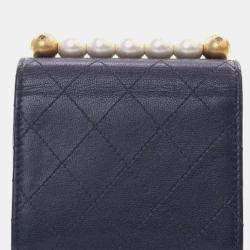 Chanel Navy Blue Mini Goatskin Chic Pearls Clutch On Chain