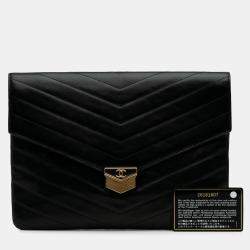 Chanel Black Paris Hamburg Chevron Lambskin Clutch