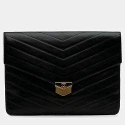 Chanel Black Paris Hamburg Chevron Lambskin Clutch