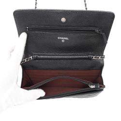 Chanel Black Caviar Leather Quilted Classic Wallet On Chain