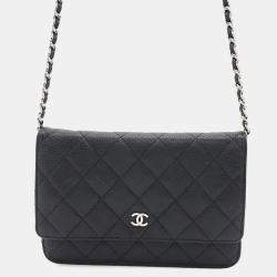 Chanel Black Caviar Leather Quilted Classic Wallet On Chain