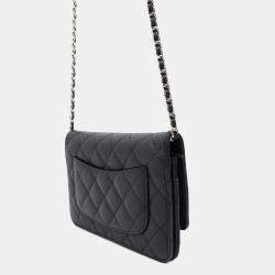 Chanel Black Caviar Leather Quilted Classic Wallet On Chain