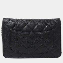 Chanel Black Caviar Leather Quilted Classic Wallet On Chain