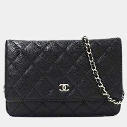 Chanel Black Caviar Leather Quilted Classic Wallet On Chain