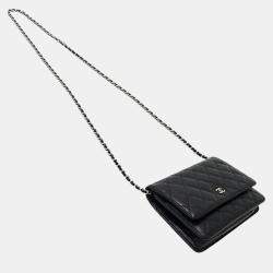 Chanel Black Caviar Leather Quilted Classic Wallet On Chain