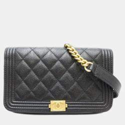  Chanel Black Caviar Skin Boy Wallet On Chain 