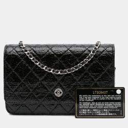 Chanel Black CC Quilted Crinkled Patent Wallet On Chain